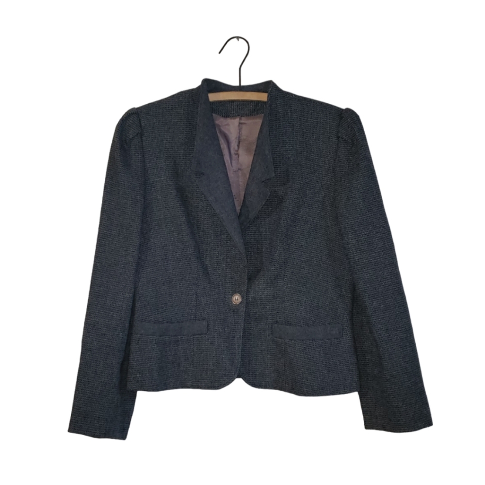 Vintage grey Valia women's cropped suit jacket puff sleeve shoulder pads 1980s